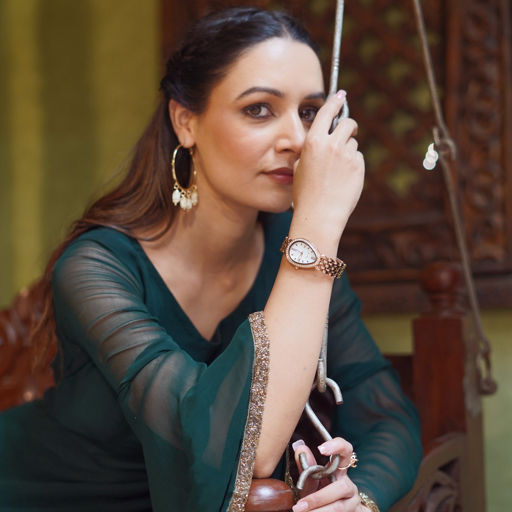 Girl Wearing Rose Gold Watch With White Dial